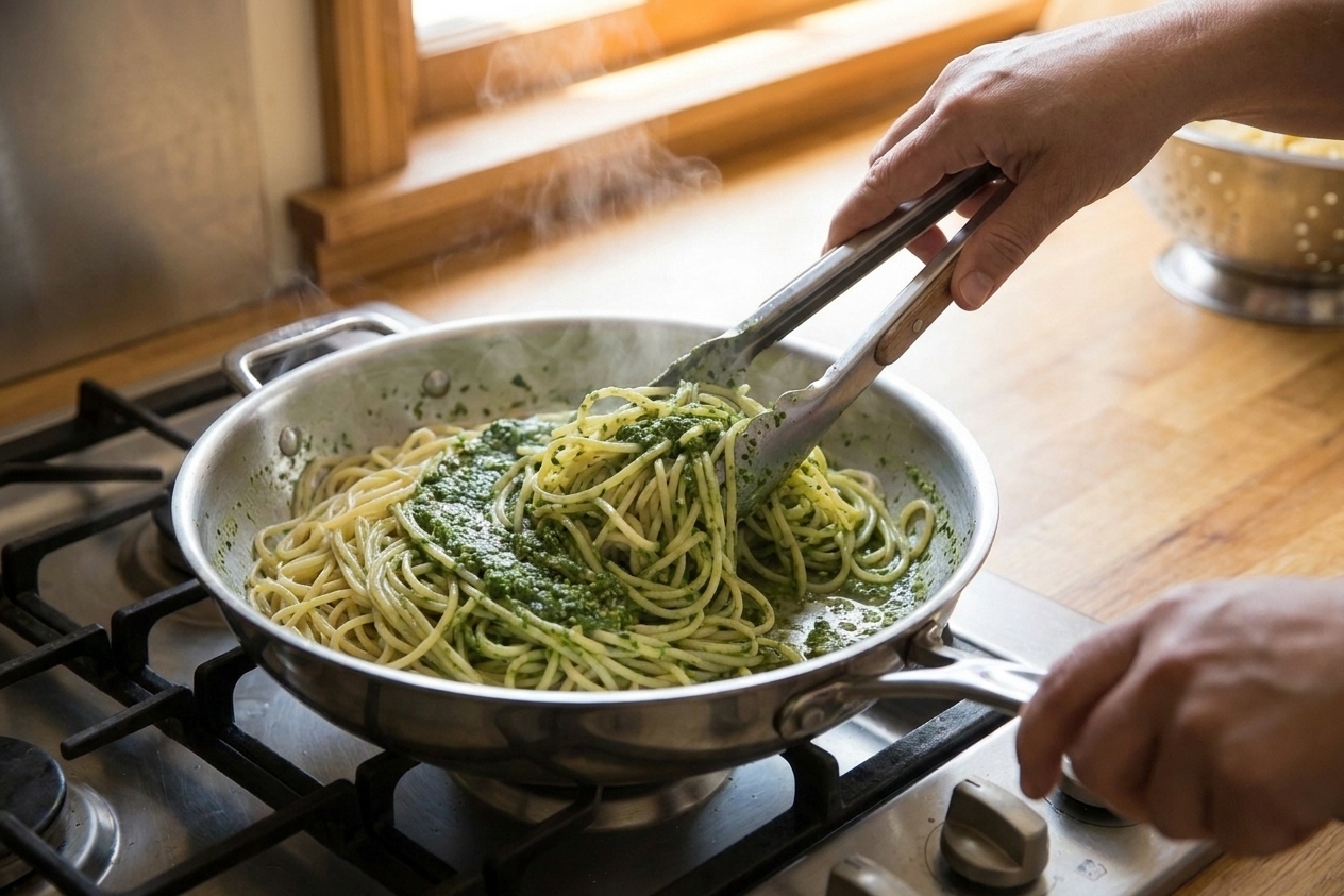 A skillet of pasta being tossed with bright green spinach pesto using tongs, with steam rising under warm kitchen lighting
