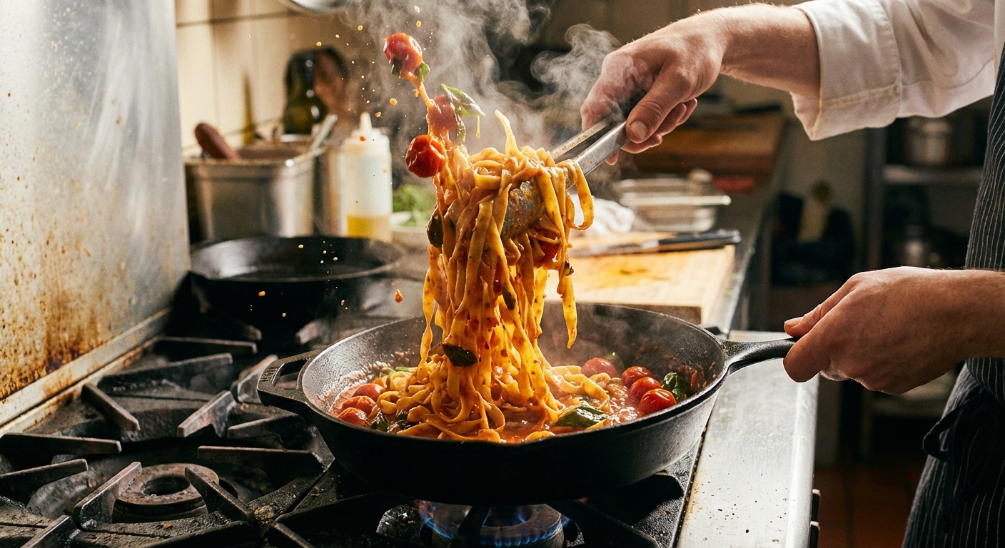 A skillet of pasta being tossed with tangy sweet tomato sauce using tongs, with steam rising