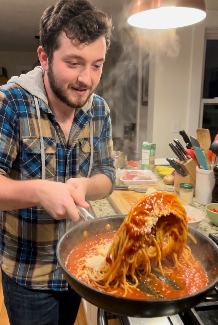 A skillet of pasta being tossed with tomato sauce and Parmesan until glossy