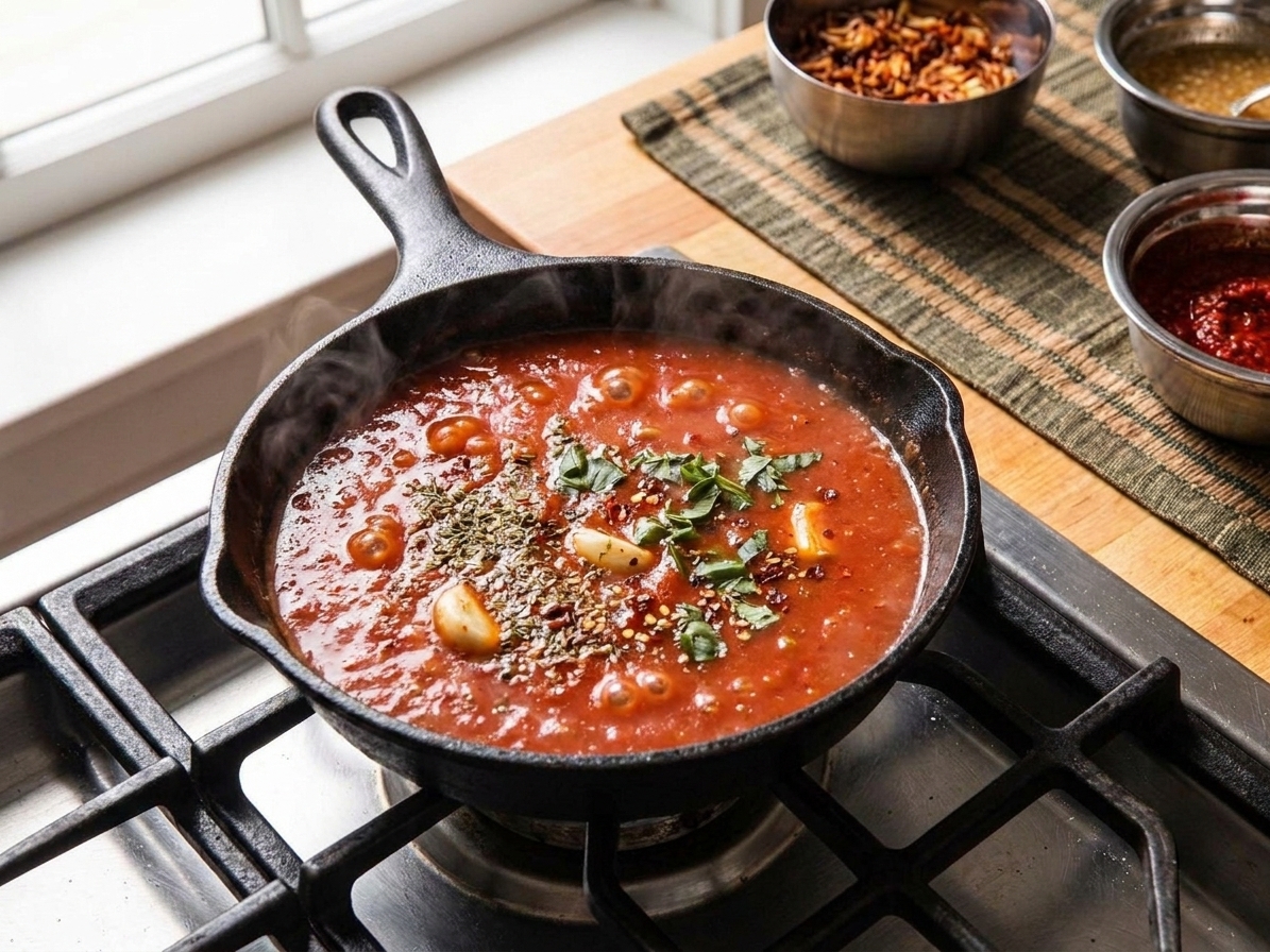 A skillet of red tomato sauce gently simmering on the stove with visible garlic and spices