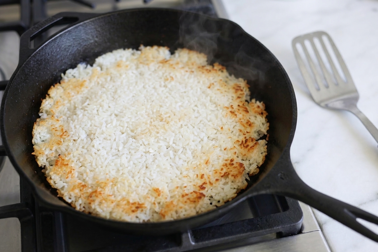 A skillet of rice pressed into a flat layer with golden crispy edges forming as it cooks on a stovetop