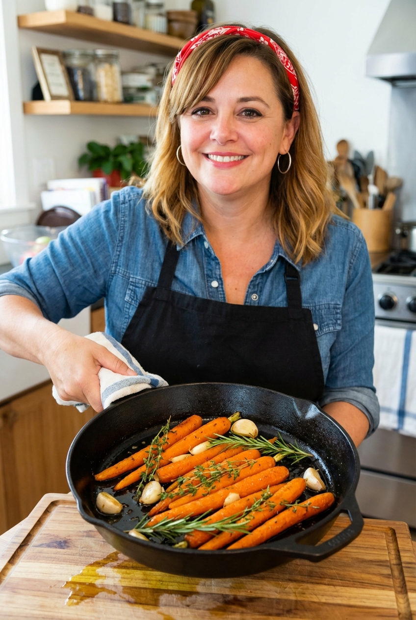 A skillet of roasted carrots with garlic and herbs