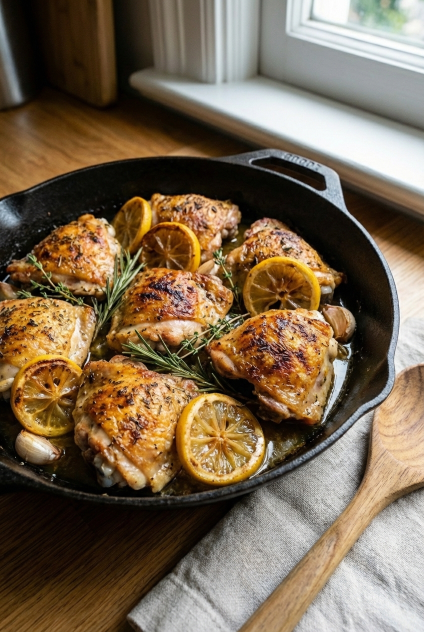 A skillet of roasted chicken thighs with browned skin and lemon slices