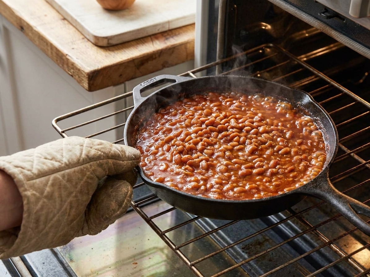 A skillet of saucy baked beans being placed onto an oven rack with a mitt, sauce visibly bubbling around the edges