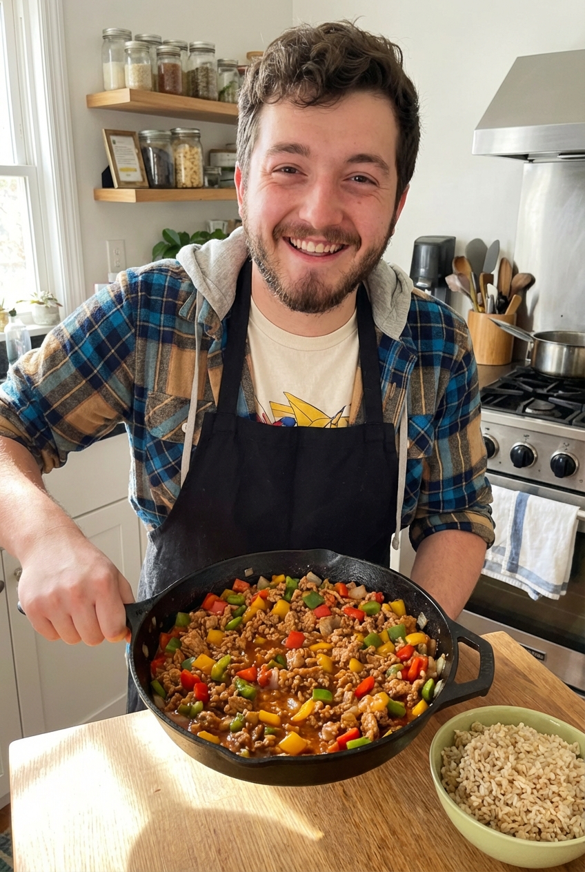 A skillet of saucy ground turkey with colorful bell peppers and onions, served with brown rice on a wooden table in natural light