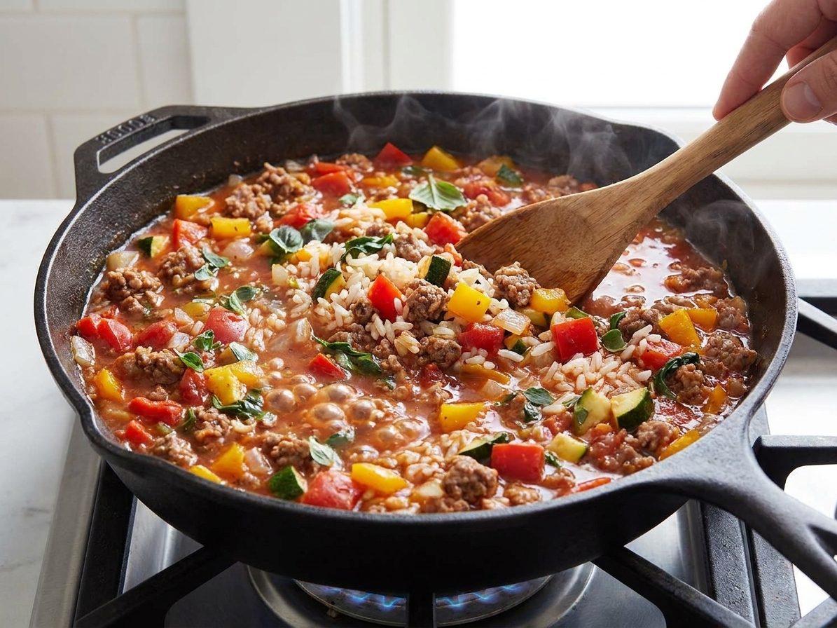A skillet of saucy stuffed pepper filling with ground beef, rice, tomatoes, and herbs simmering on a stovetop