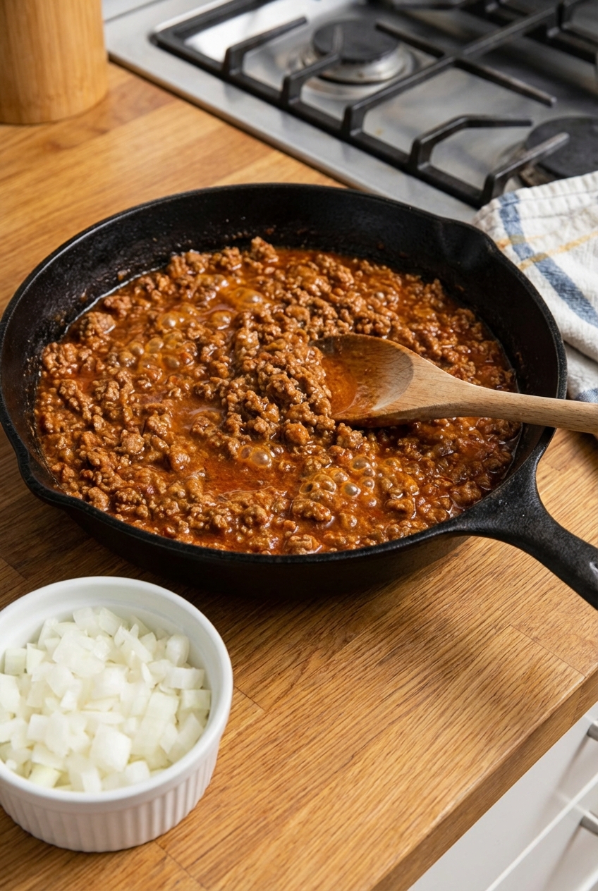 A skillet of saucy taco meat with a wooden spoon and a small bowl of diced onions nearby