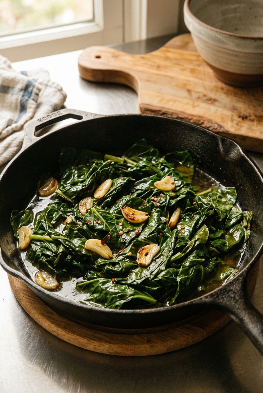 A skillet of sautéed collard greens with garlic