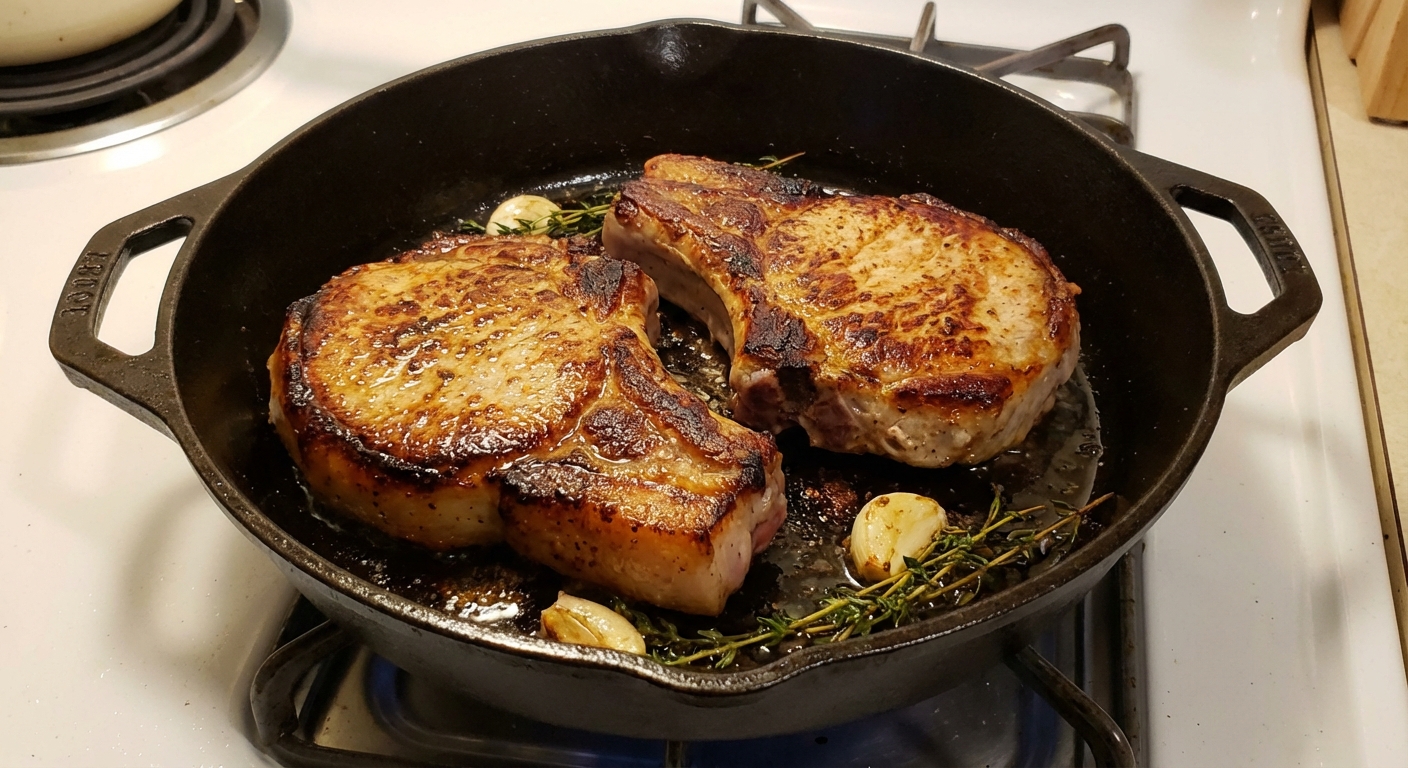 A skillet of seared pork chops with browned edges