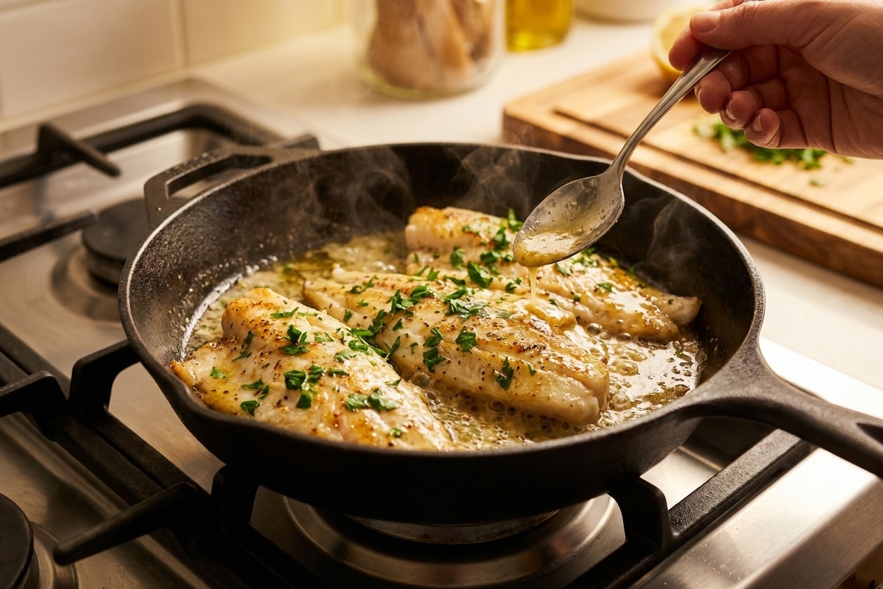 A skillet of seared white fish fillets coated in a glossy lemon garlic butter sauce with chopped parsley, on a stovetop under warm kitchen lighting