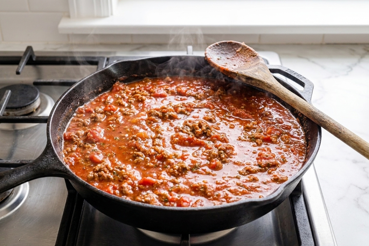 A skillet of simmering tomato meat sauce on the stove with a wooden spoon resting on the edge