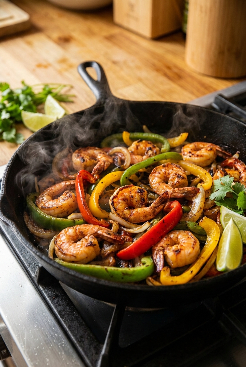 A skillet of sizzling shrimp fajitas with peppers and onions