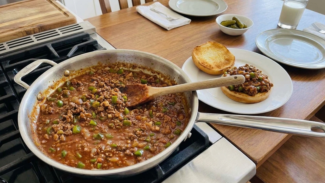 A skillet of sloppy joe sauce on a stovetop next to a plate of toasted buns and a simple family dinner table setting