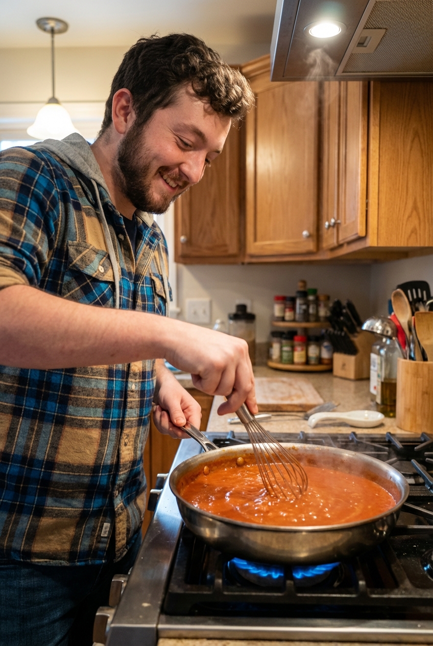A skillet of smooth red enchilada sauce being whisked over medium heat
