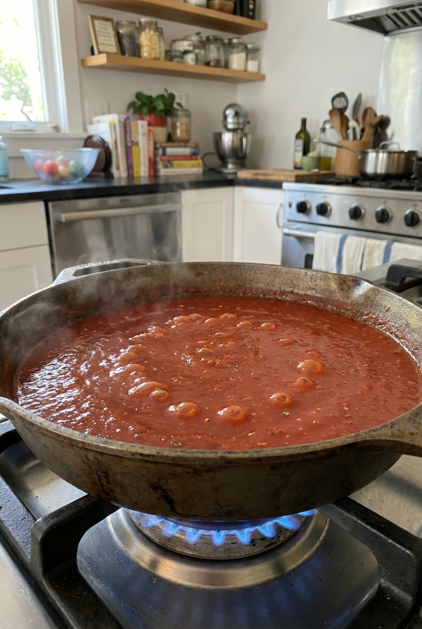 A skillet of smooth red ranchero sauce simmering with small bubbles on the stovetop