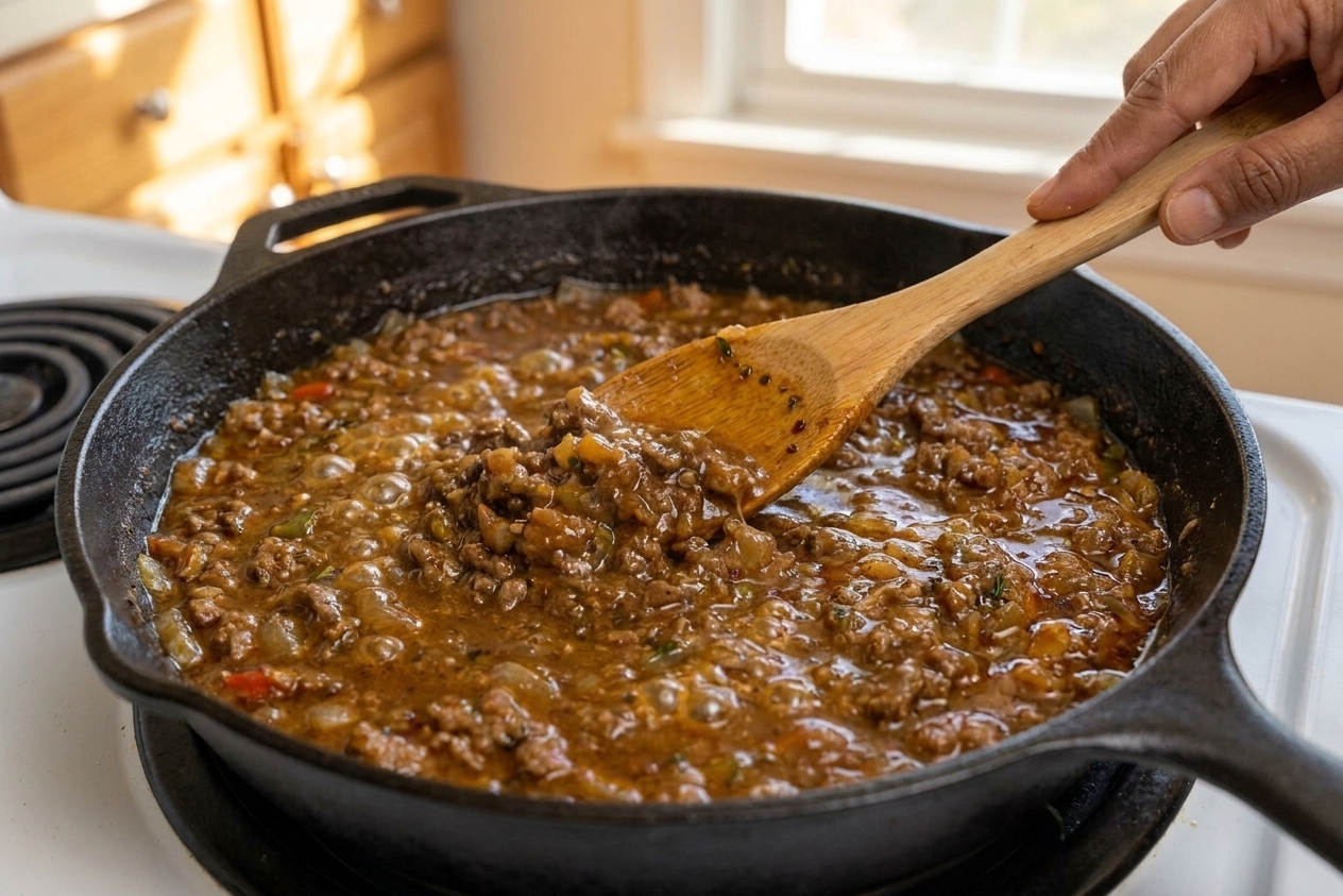 A skillet of spiced ground beef patty filling simmering, thick and glossy, with a wooden spoon stirring through