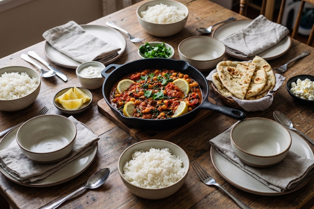 A skillet of spinach chickpea tomato stew set in the middle of a family dinner table with bowls, bread, and simple place settings