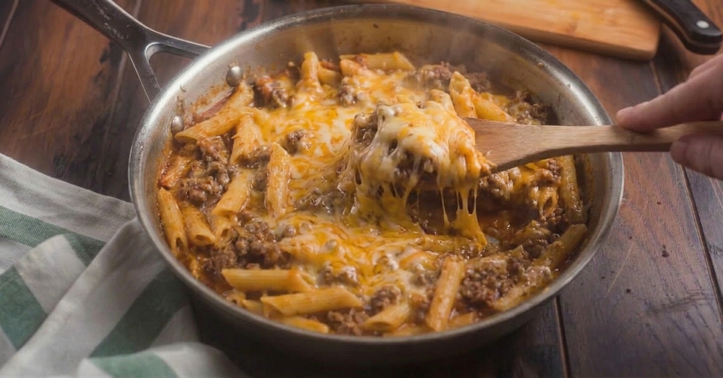 A skillet of taco pasta with a fully melted layer of shredded cheese on top
