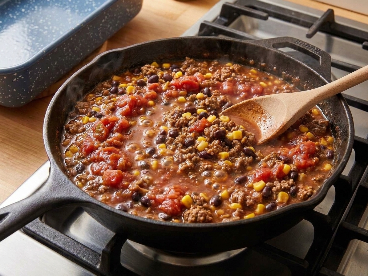 A skillet of taco-seasoned beef mixed with beans, corn, and salsa, thick and bubbling