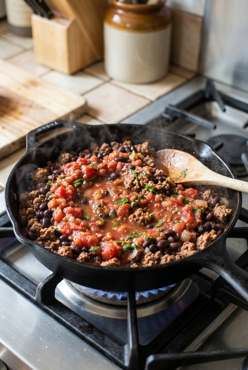 A skillet of taco-seasoned ground beef and black beans simmering with salsa on a stovetop