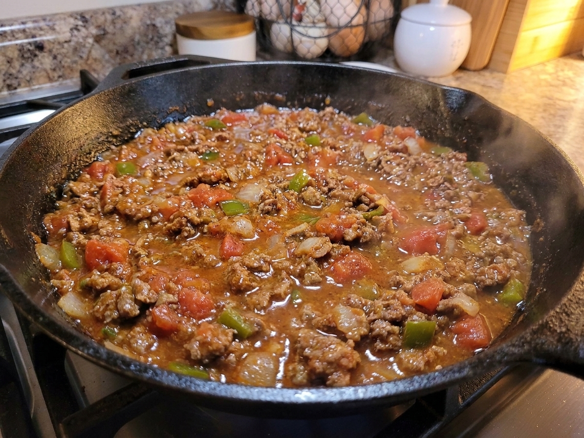 A skillet of taco-seasoned ground meat simmering with diced tomatoes, onions, and peppers as the sauce thickens