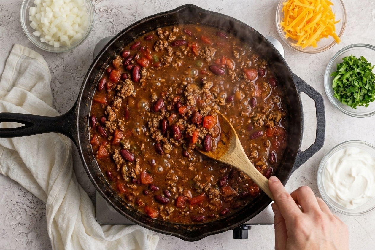 A skillet of thick chili simmering with visible beans and browned meat as a wooden spoon stirs on the stovetop