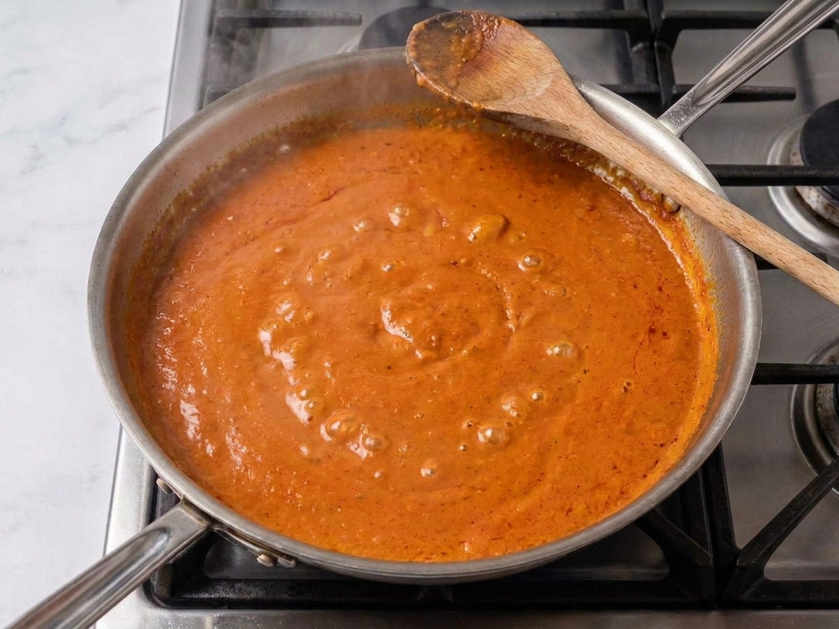 A skillet of tomato-based-sauce simmering with small bubbles and a wooden spoon resting on the edge