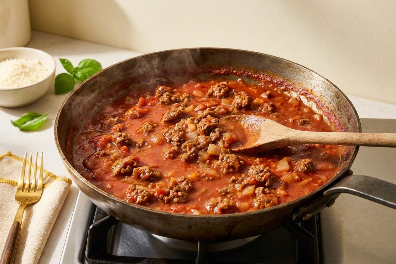 A skillet of tomato meat sauce simmering with visible bits of browned beef and onion, a wooden spoon resting in the pan