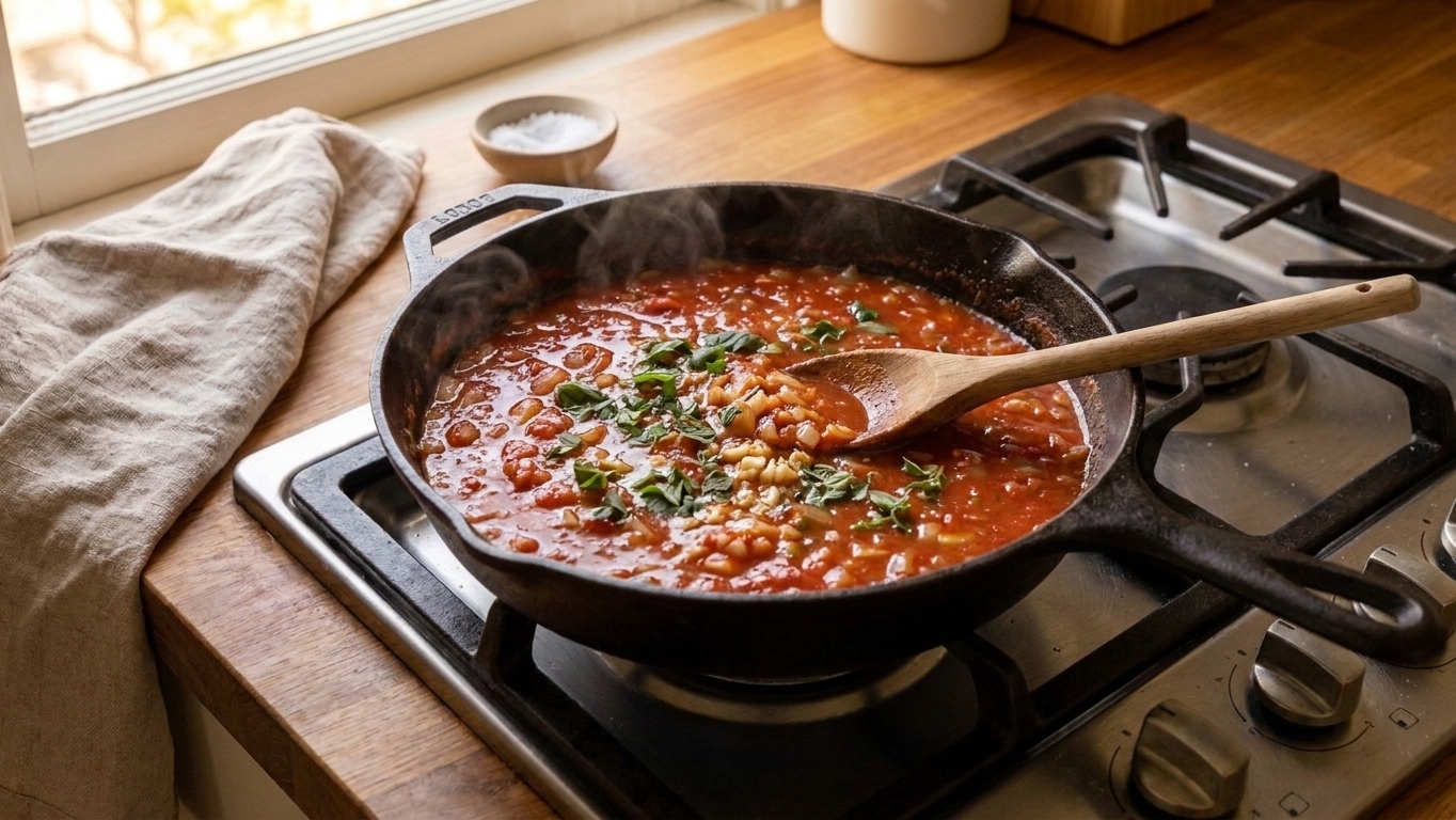 A skillet of tomato sauce simmering with visible onion and herbs on a stovetop with warm kitchen lighting