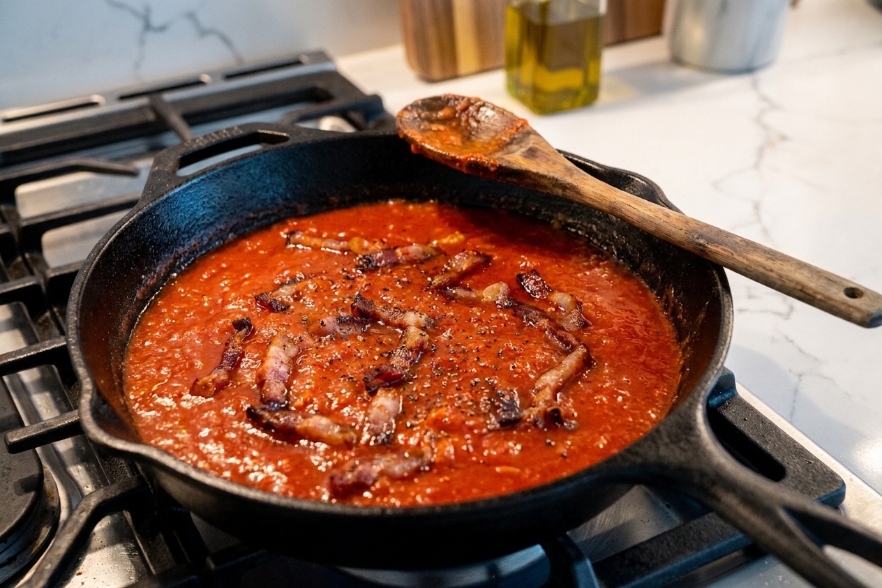 A skillet of tomato sauce with rendered guanciale and visible specks of black pepper simmering on a stovetop with a wooden spoon resting on the edge