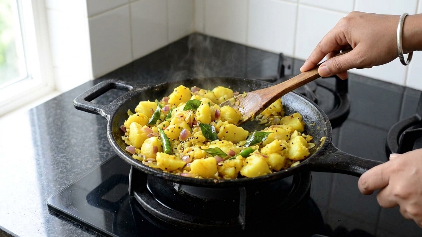A skillet of turmeric-yellow potato masala being stirred, with onions and curry leaves visible