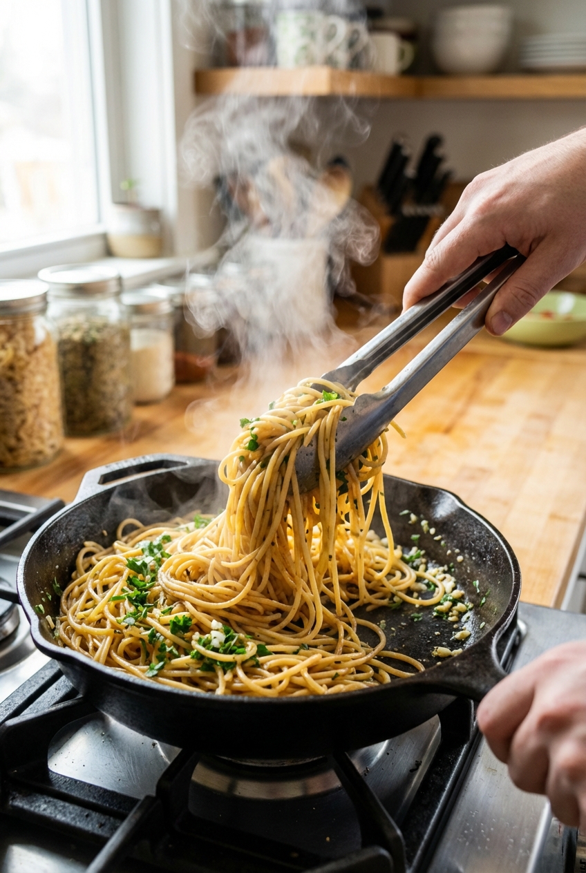 A skillet of vegan butter noodles being tossed with tongs, with steam rising