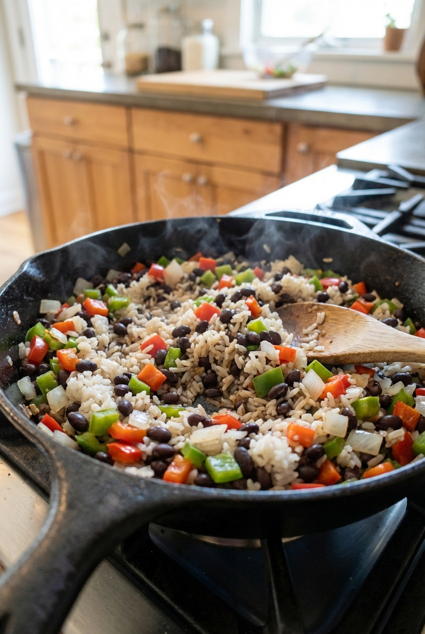 A skillet of vegan gallo pinto cooking with rice, black beans, onions, and bell pepper