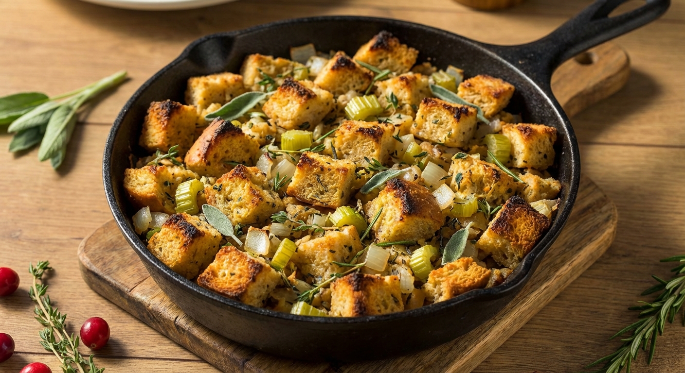 A skillet of vegan stuffing with toasted bread cubes, celery, and herbs