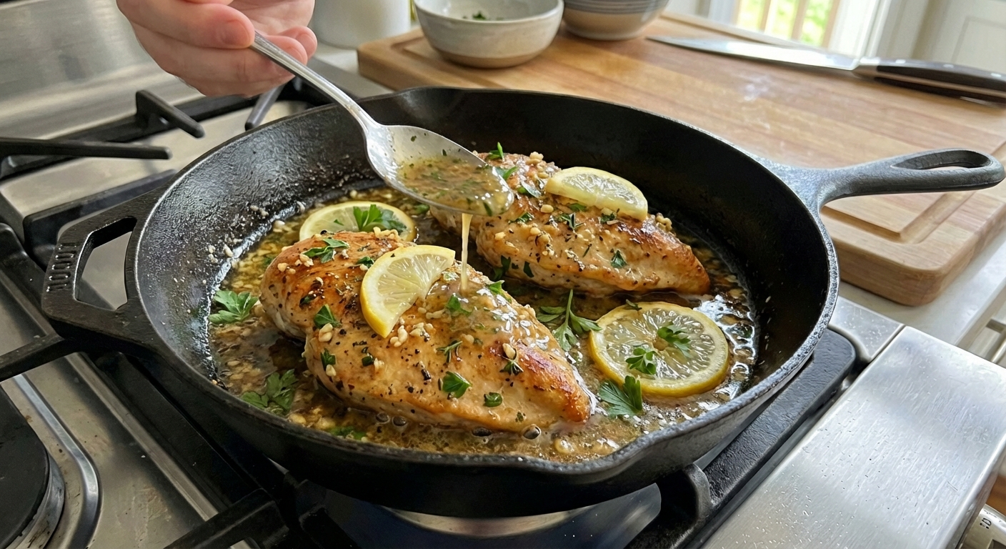A skillet on a countertop with finished chicken breasts while a spoon pours garlic herb pan sauce over the top