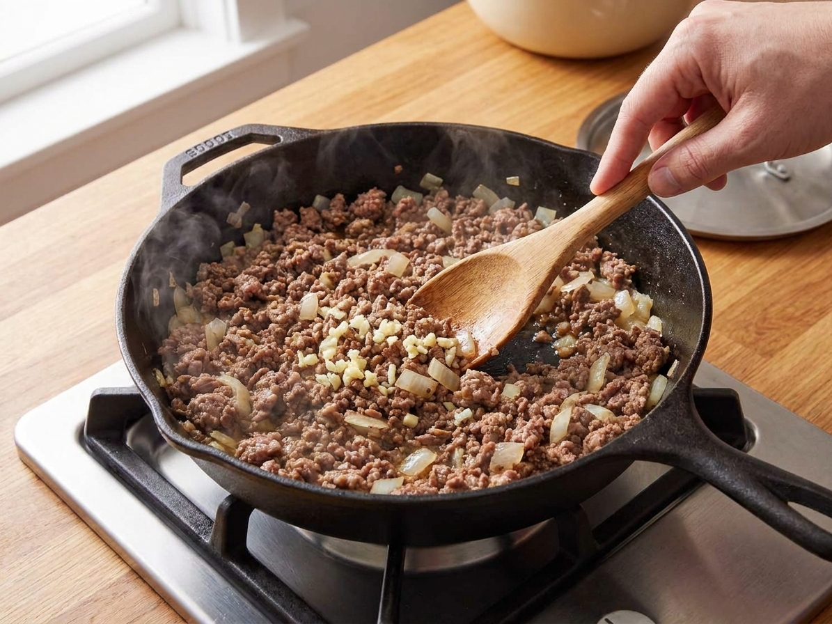 A skillet on a stove with browned ground beef, onions, and garlic being stirred with a wooden spoon