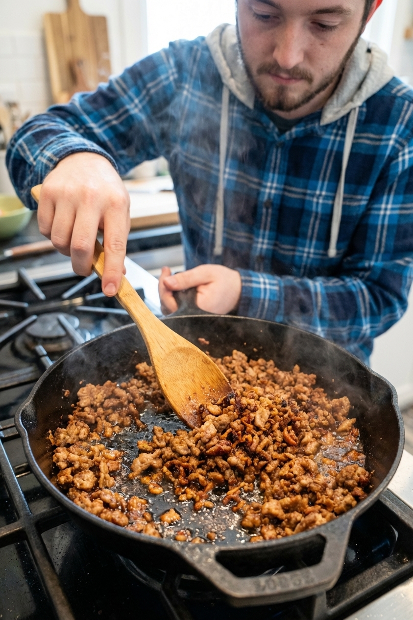A skillet on a stove with browned ground pork sizzling and caramelized in small crispy bits, photographed close up with a wooden spoon resting on the pan