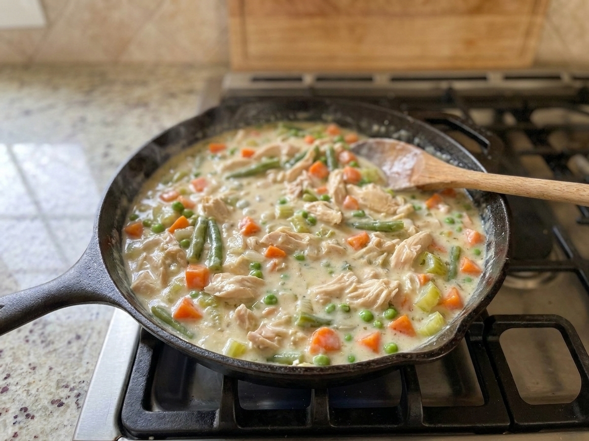 A skillet on a stove with creamy chicken pot pie filling, showing chunks of chicken and mixed vegetables in a thick sauce