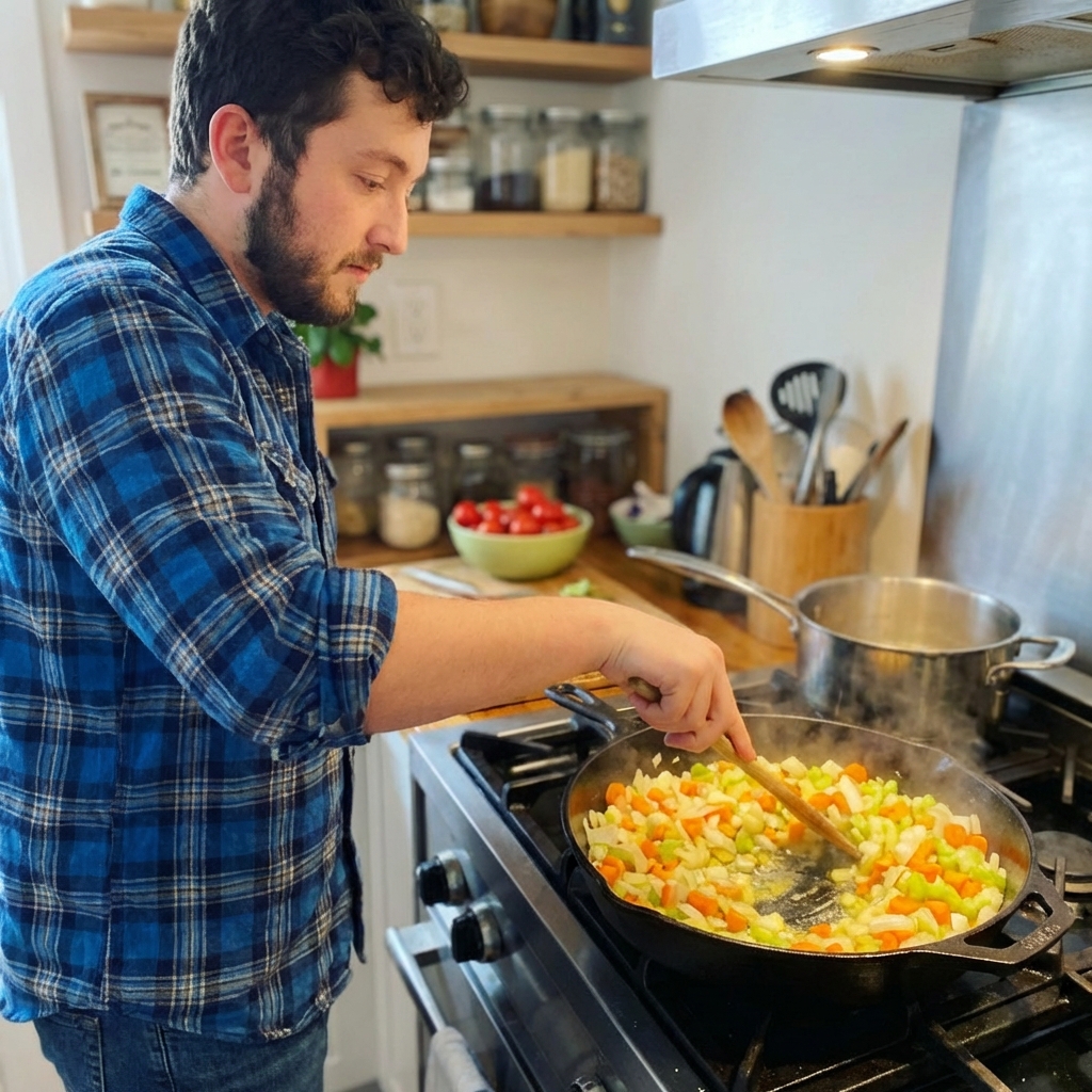 A skillet on a stove with diced onions, carrots, and celery sautéing in butter