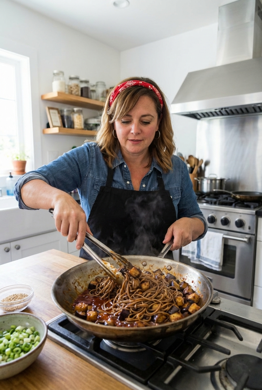 A skillet on a stove with noodles and roasted eggplant being tossed in a glossy red-brown sauce with tongs