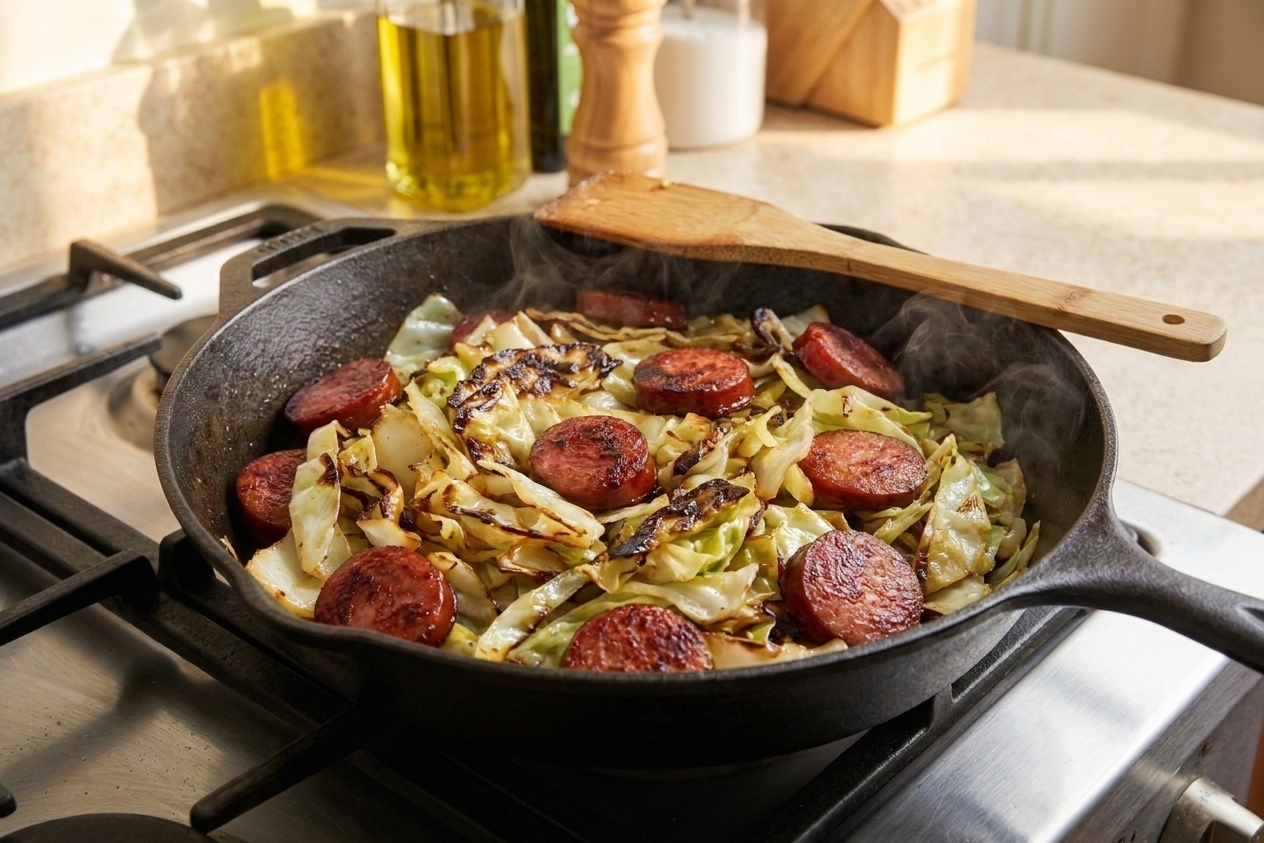 A skillet on a stovetop filled with browned sausage and sautéed cabbage, with a wooden spoon resting on the edge in a warm home kitchen