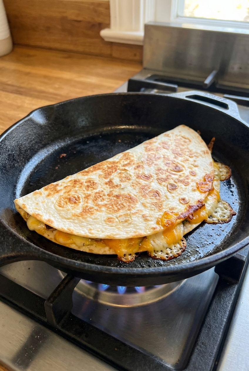 A skillet on a stovetop with a folded quesadilla cooking, showing crisping tortilla edges and melted cheese peeking out