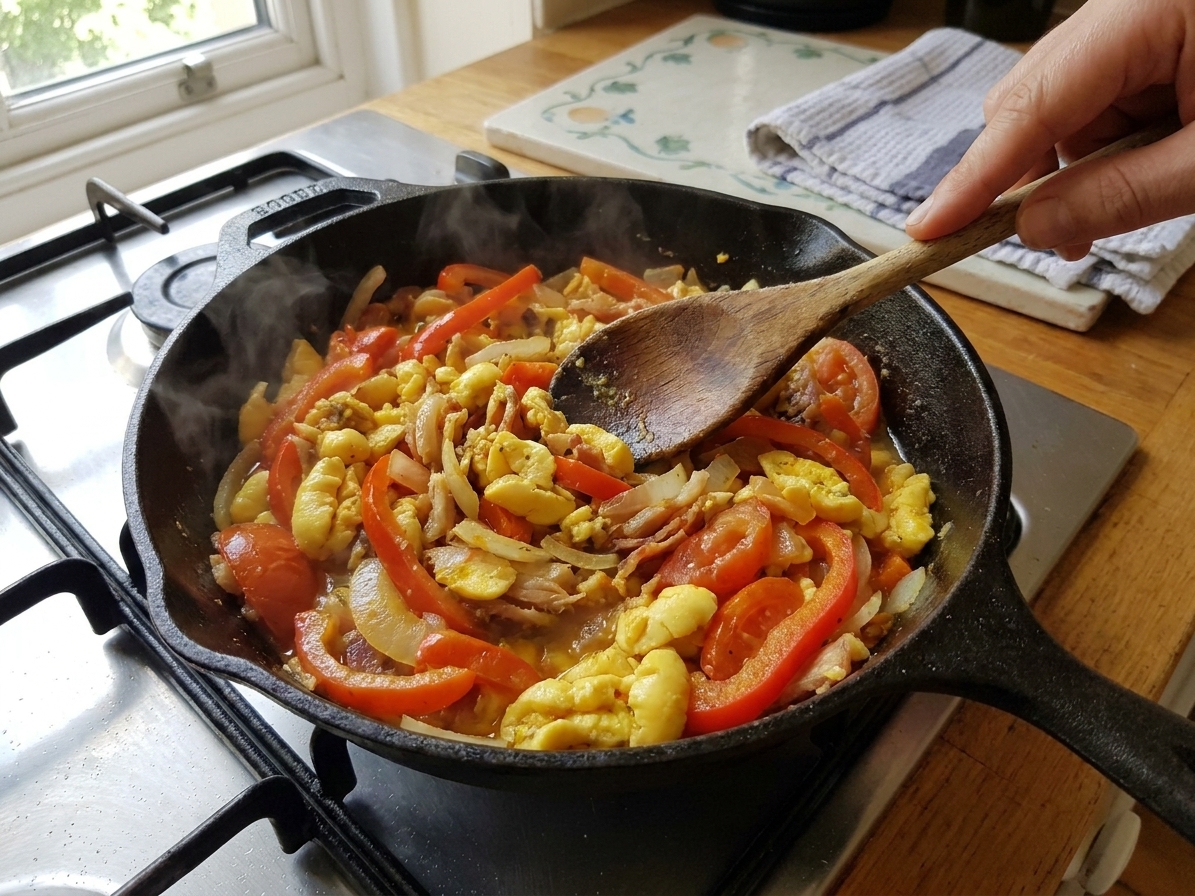 A skillet on a stovetop with ackee and saltfish cooking alongside sliced bell peppers, onions, and tomatoes being gently turned with a wooden spoon