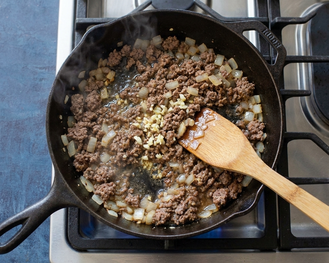 A skillet on a stovetop with browned ground beef, onions, and garlic cooking together