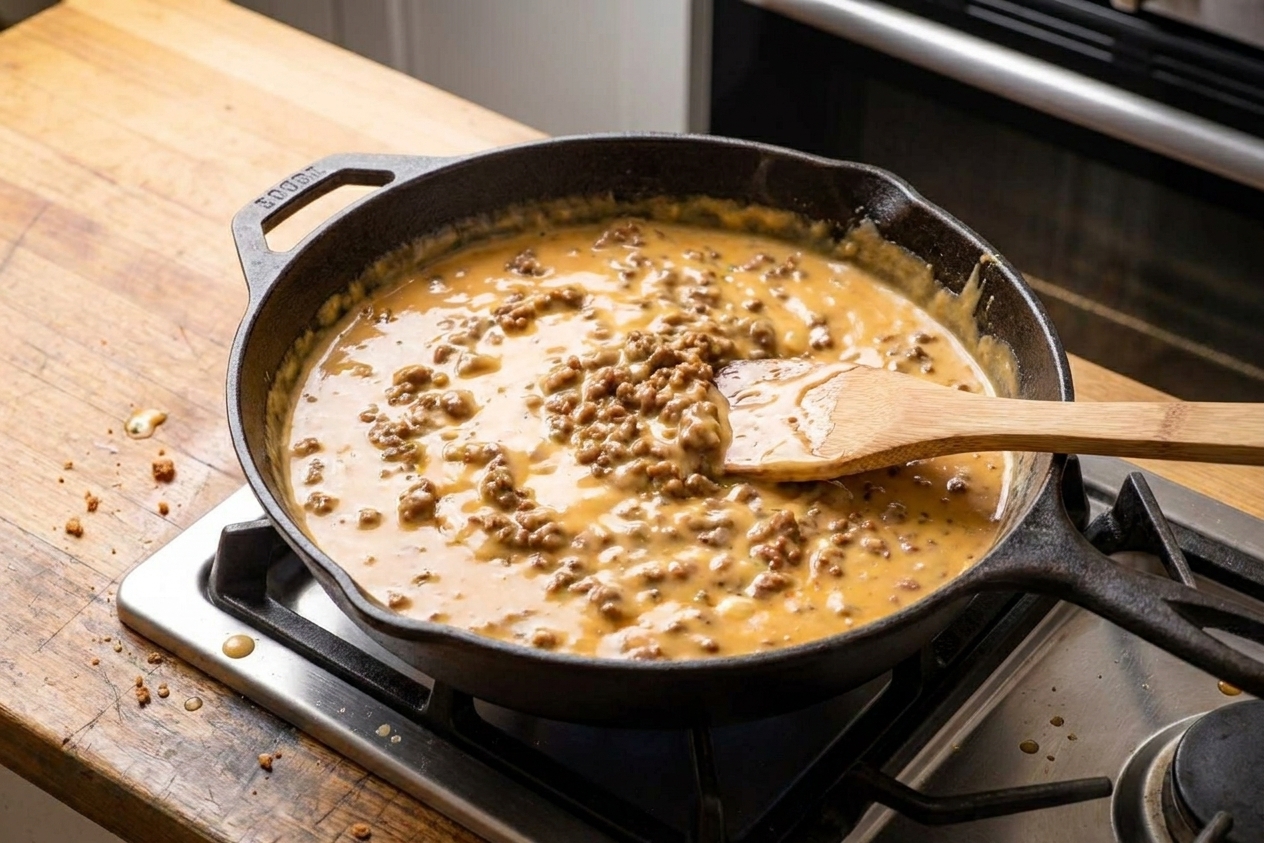 A skillet on a stovetop with browned sausage and beef stirred into melted Velveeta until smooth and glossy