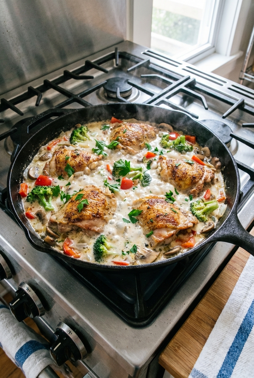 A skillet on a stovetop with chicken and vegetables simmering in a creamy sauce