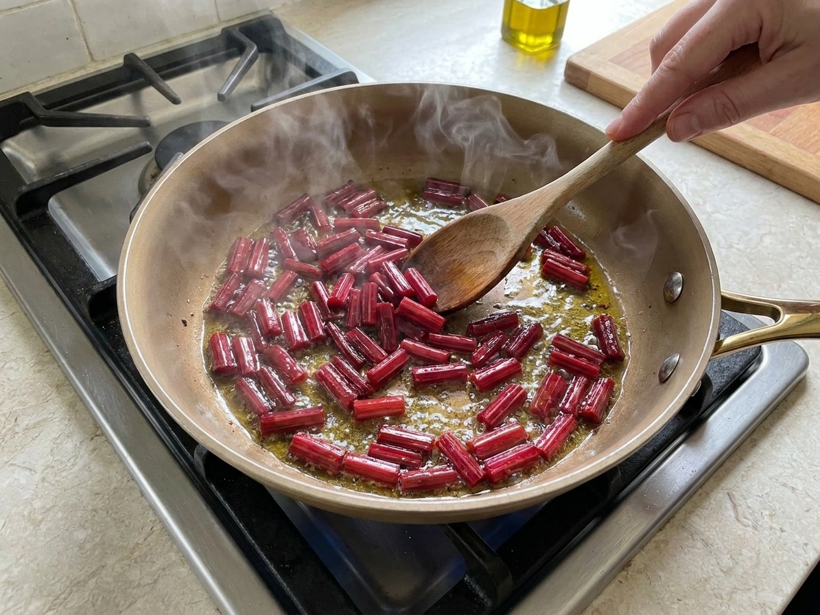 A skillet on a stovetop with chopped beet stems sizzling in olive oil, a wooden spoon stirring them as steam rises