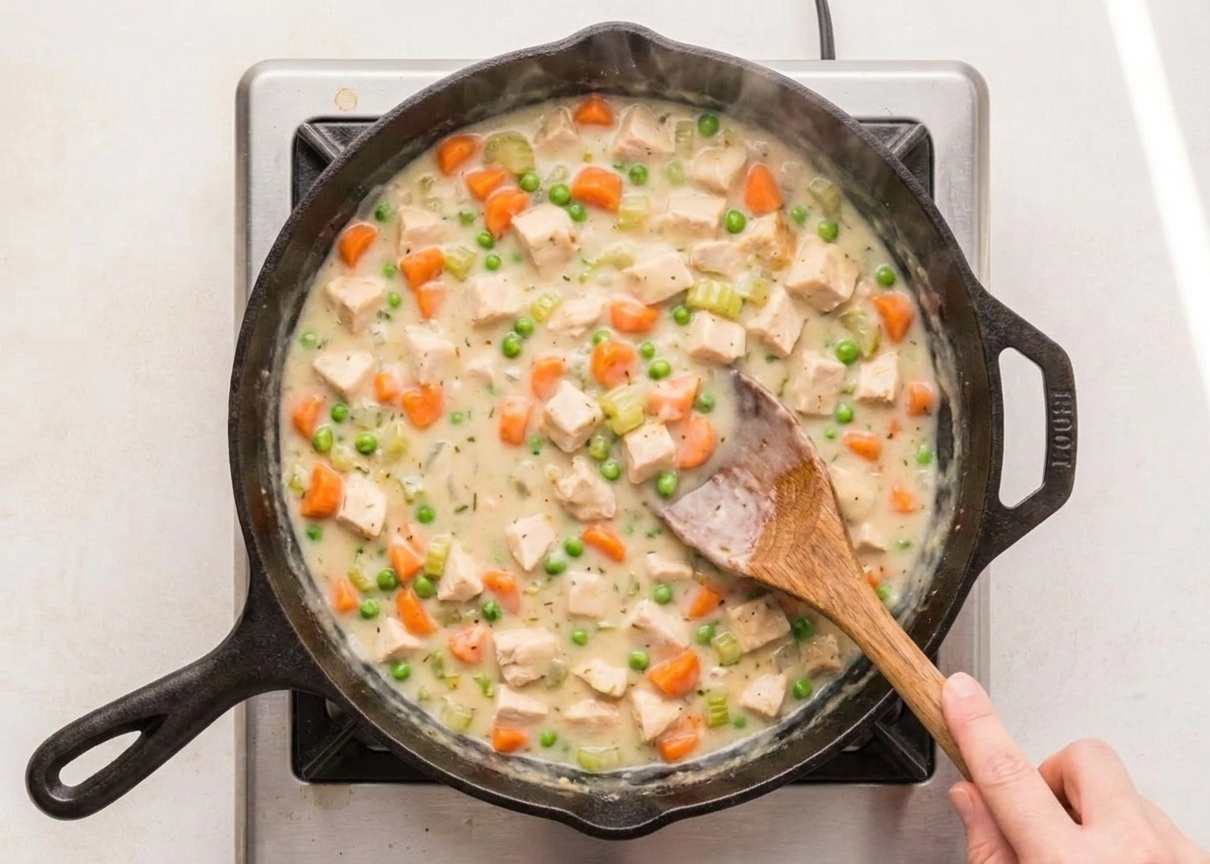 A skillet on a stovetop with creamy chicken and vegetable filling being stirred with a wooden spoon, showing a thick pale sauce with peas and carrots