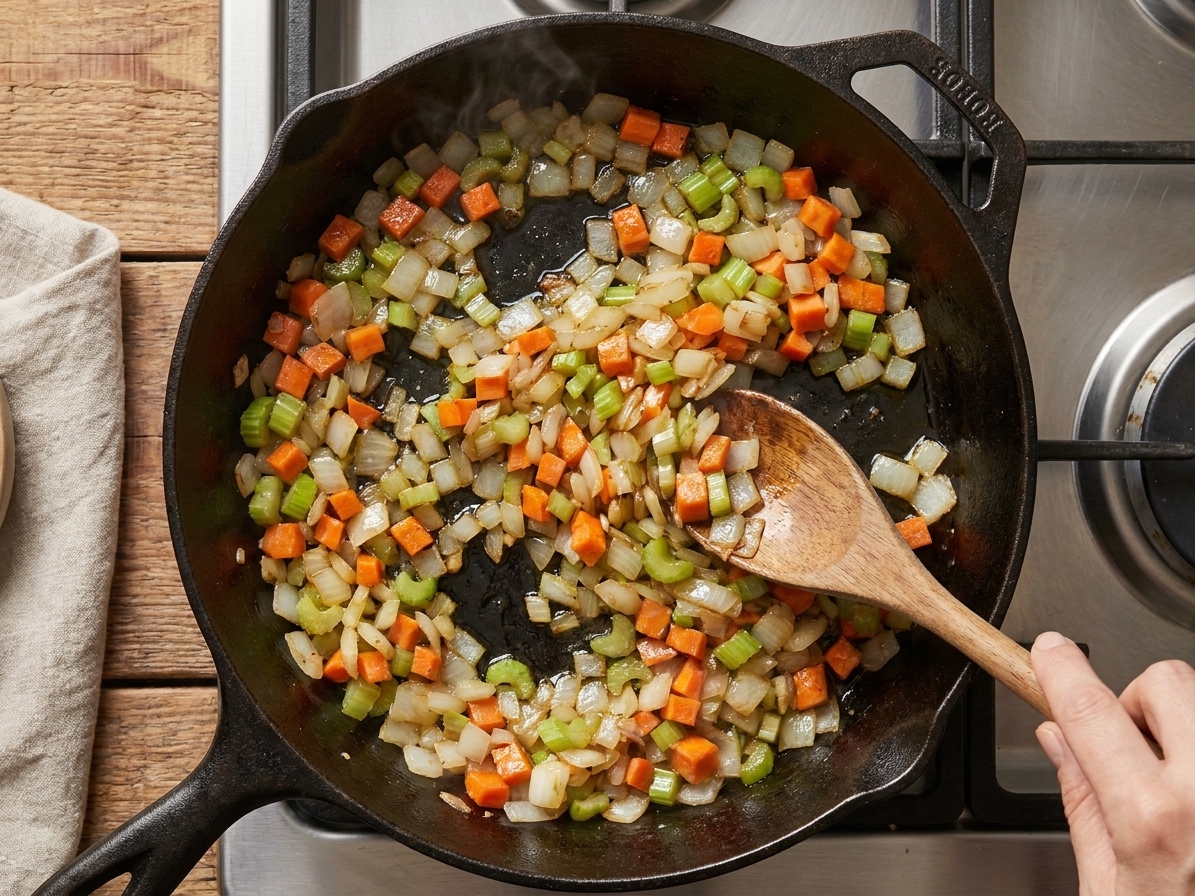 A skillet on a stovetop with diced onion, carrot, and celery sautéing in olive oil until glossy and softened