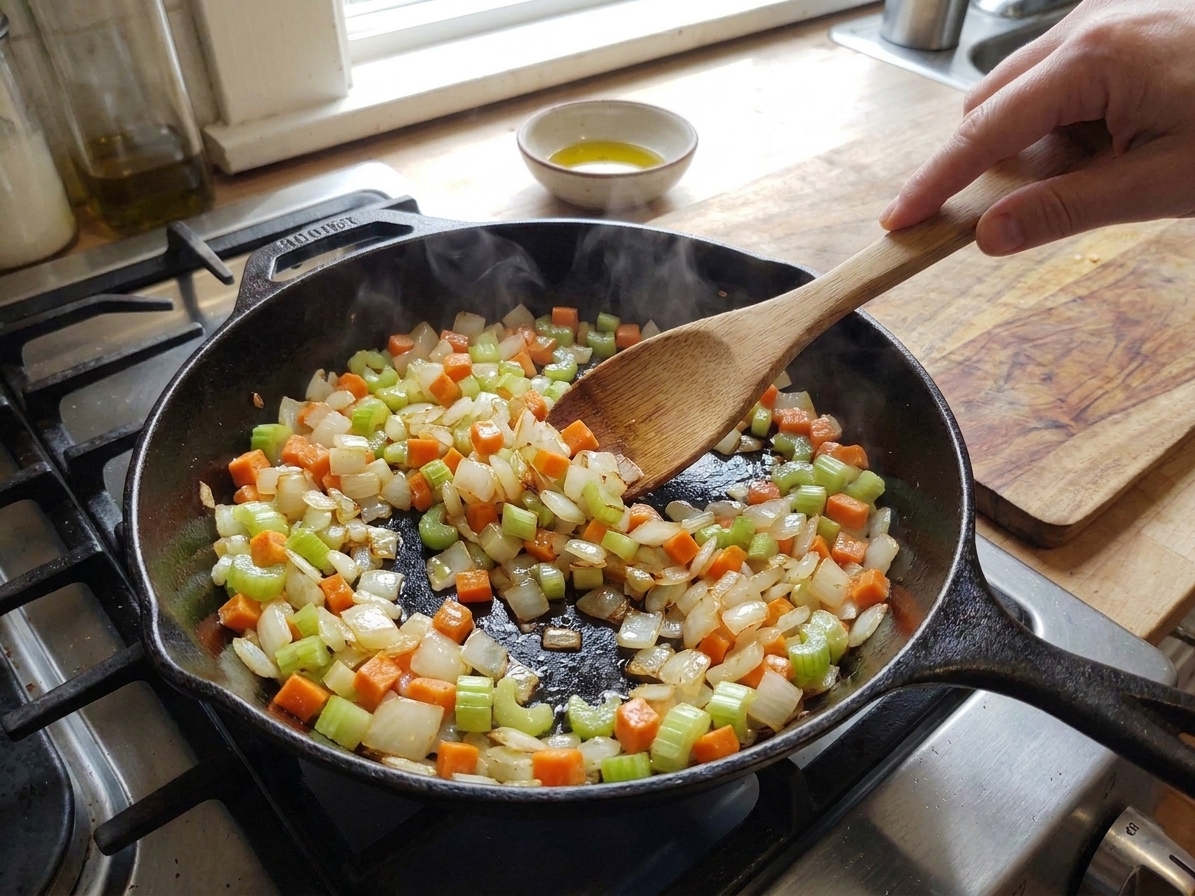 A skillet on a stovetop with diced onion, carrot, and celery being stirred with a wooden spoon as the vegetables soften